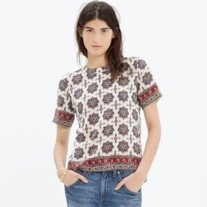 Madewell White Maroon Medallion Print Silk Short Sleeve Shirt Blouse S